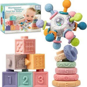 SpringFlower 3-in-1 Montessori Baby Toy Set: Rattle, Teether, Blocks & Stacking Rings